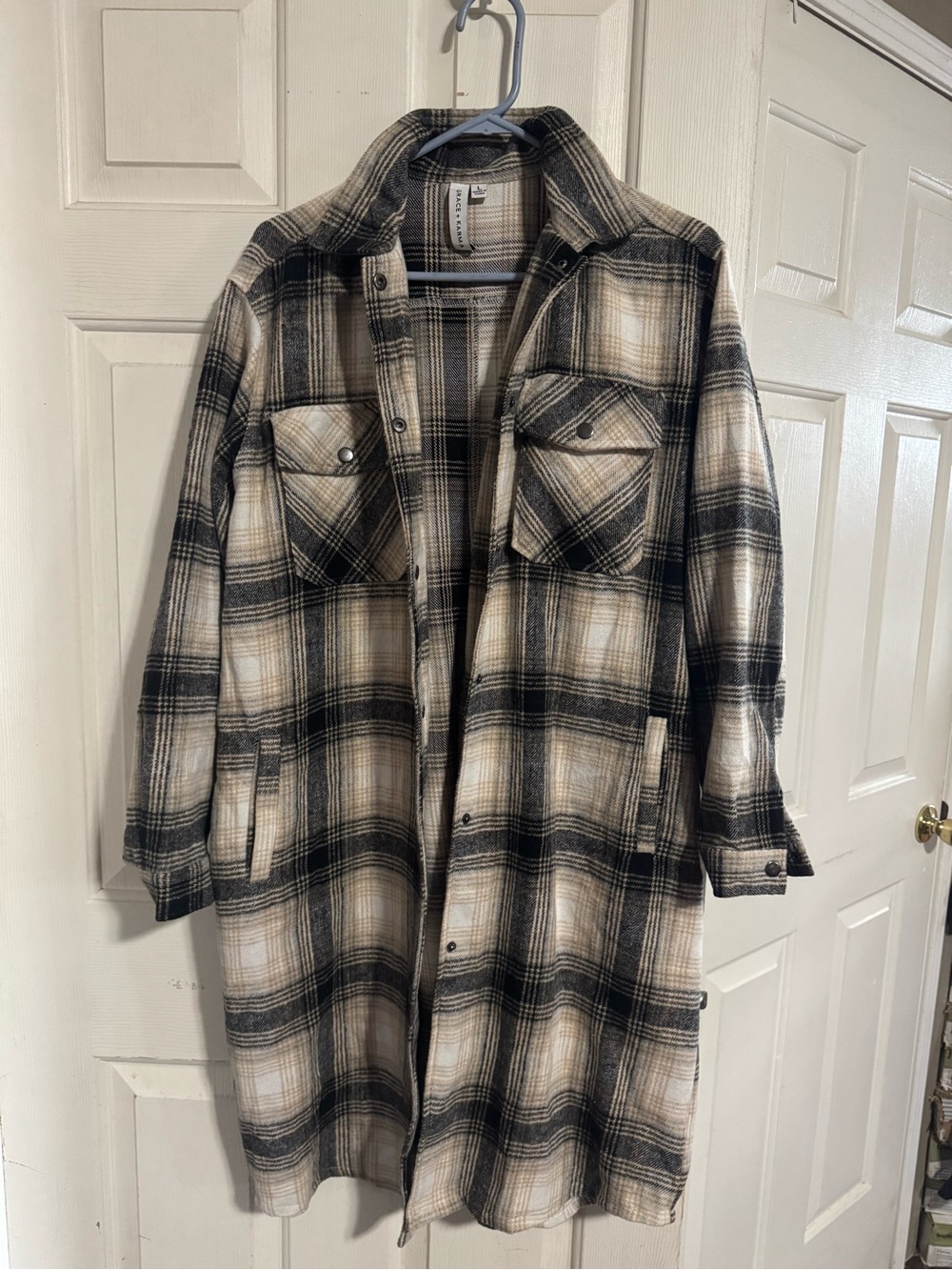 Women’s Long Plaid Shacket Coat in Black & Cream
